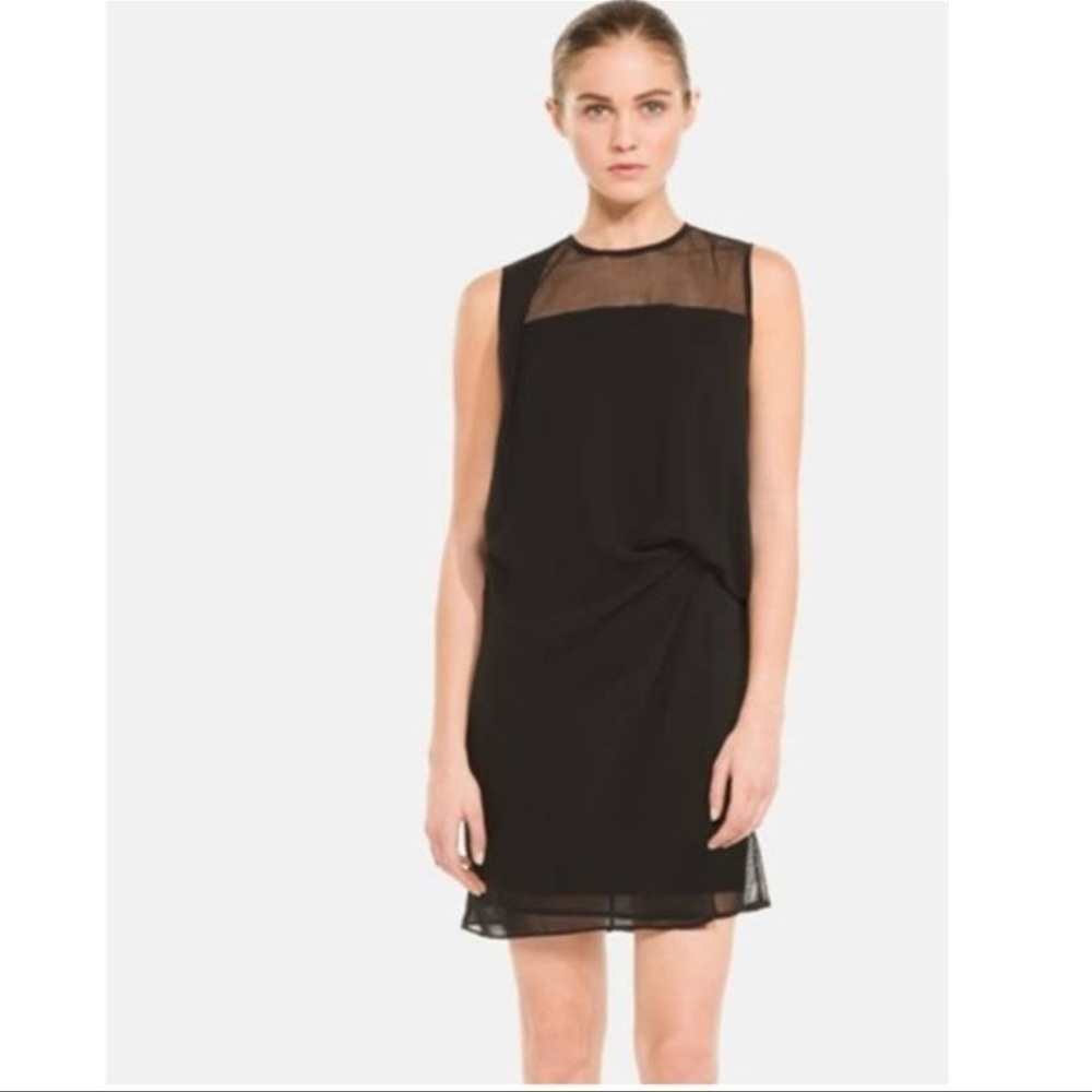 Sandro Roxane Solid Black Mesh Gathered Sleeveless Mini Dress Size 1 Small